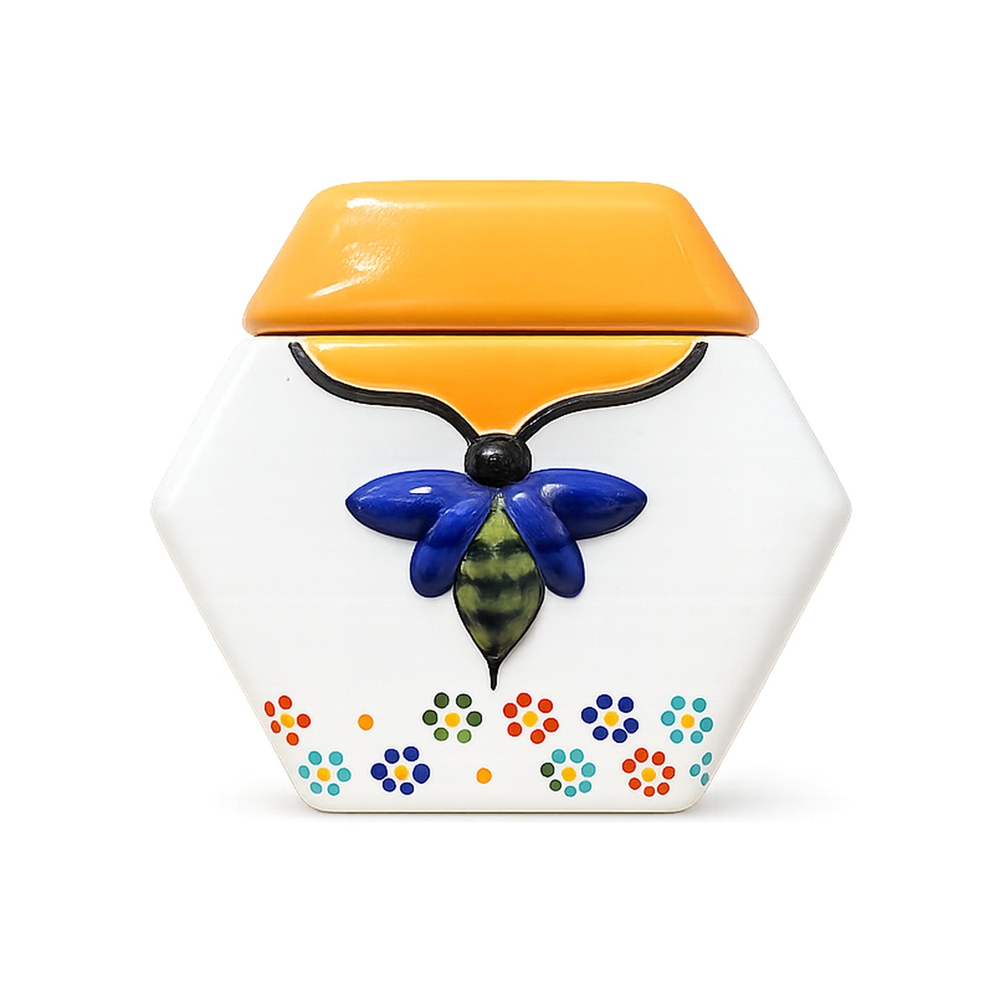 Vasija hexagonal de cerámica blanca con tapa amarilla y abeja en relieve, con miel multifloral 100 g — Fantina México