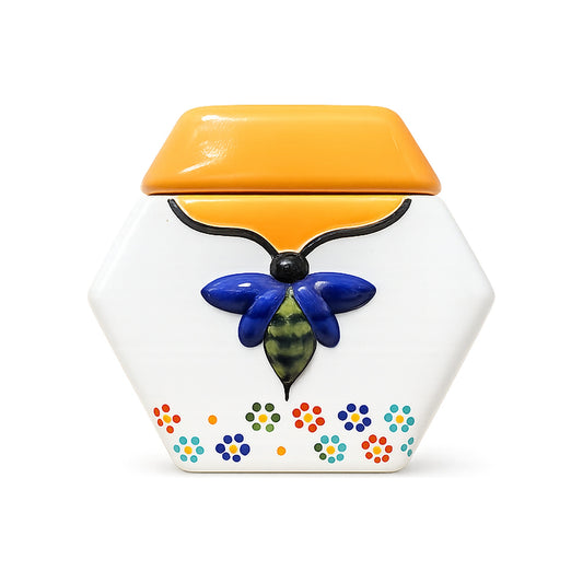 Vasija hexagonal de cerámica blanca con tapa amarilla y abeja en relieve, con miel multifloral 100 g — Fantina México