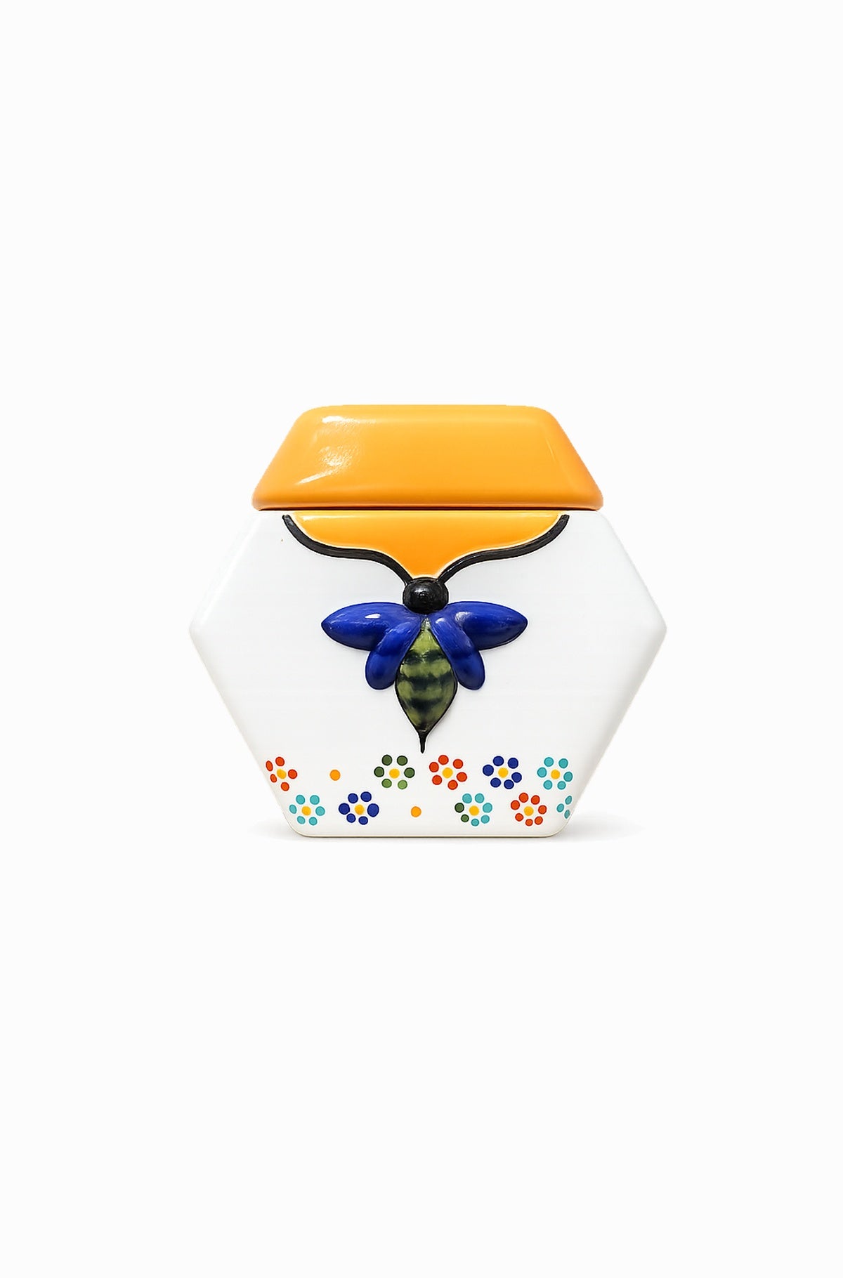 Vasija hexagonal de cerámica con tapa amarilla y abeja en relieve, miel multifloral 100 g — Fantina México