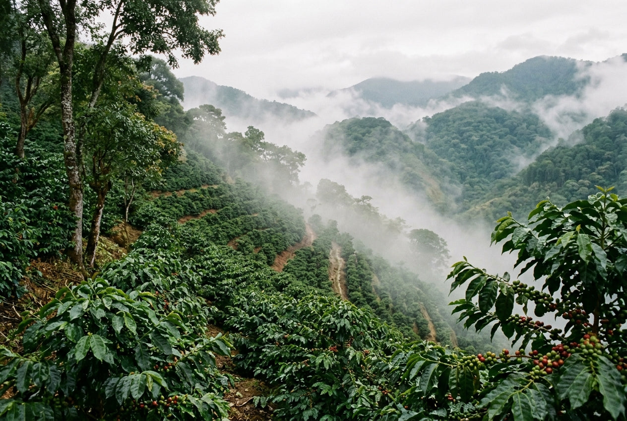 Shade-grown coffee on a mountainside in the Sierra of Oaxaca, early morning mist moving through the rows.