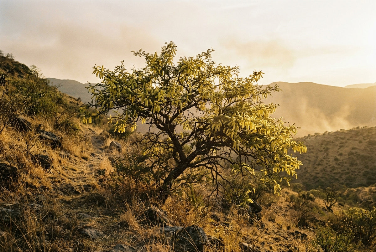 Mesquite in flower on a dry hillside in Jalisco, backlit at the end of the day. The tree Enredadera honey comes from.